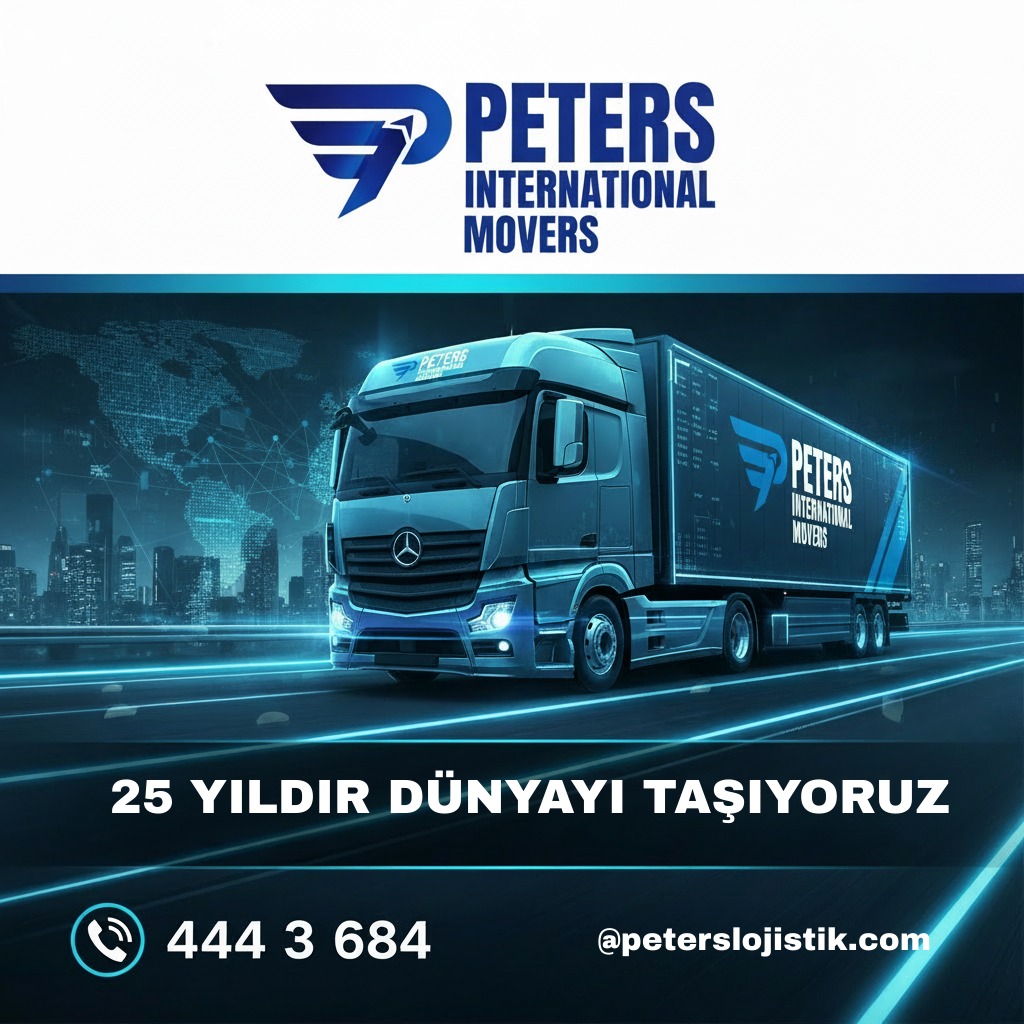 Peters Uluslararası Taşımacılık'ın mavi renkli tırının şehir manzarası önünde görseli, logo ve iletişim bilgileri ile birlikte.