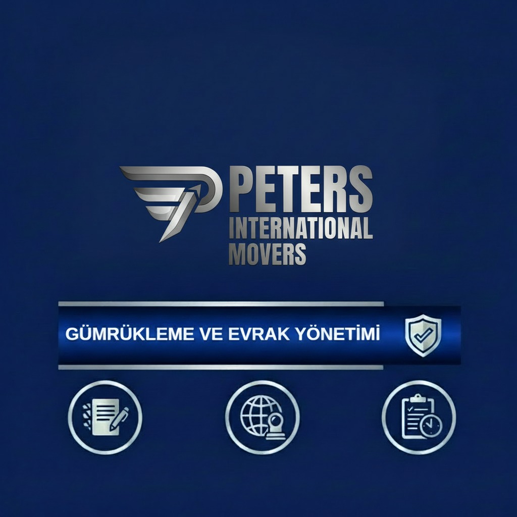 Peters International Movers logosu, gümrükleme ve evrak yönetimi yazısı ile birlikte çeşitli simgelerin bulunduğu bir arka plan.